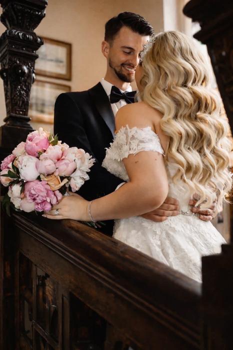 Wedding couple portrait on a staircase