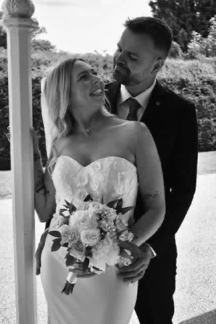 Black and white wedding couple portrait